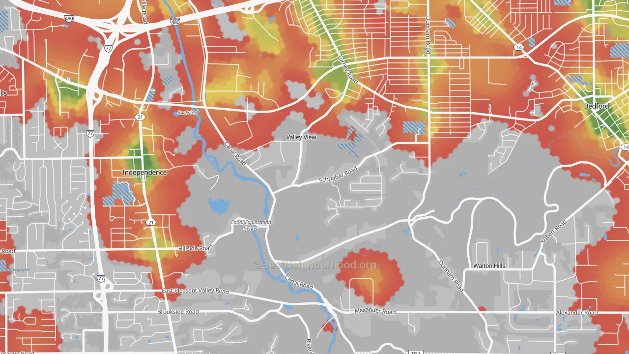 Walk Grade map of Valley View, OH, walkable areas in green and car-dependent areas in red