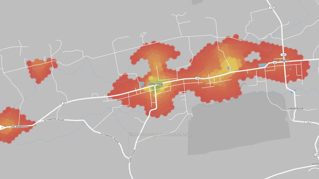 Walk Grade map of Valley View, PA, walkable areas in green and car-dependent areas in red