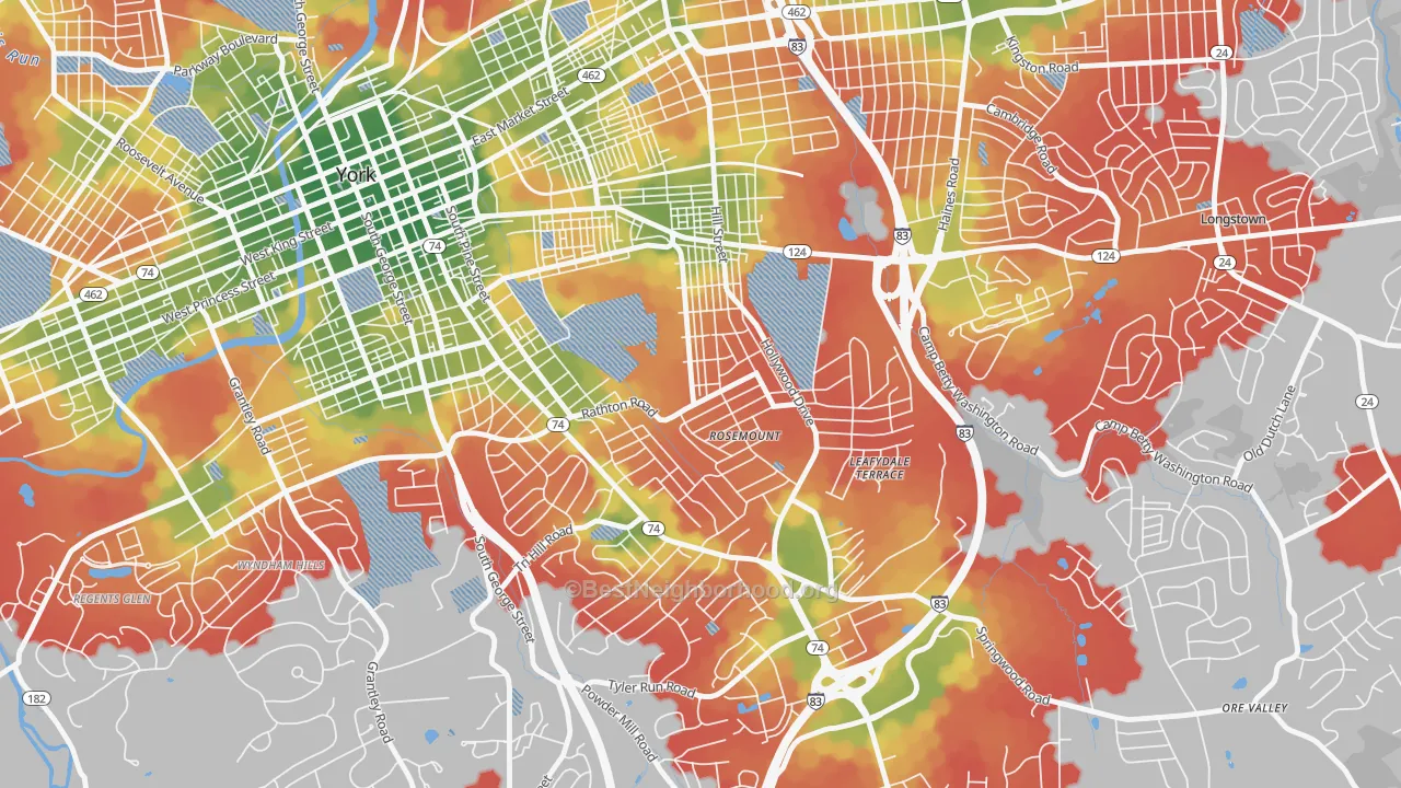 Walk Grade map of Valley View, York, PA, walkable areas in green and car-dependent areas in red