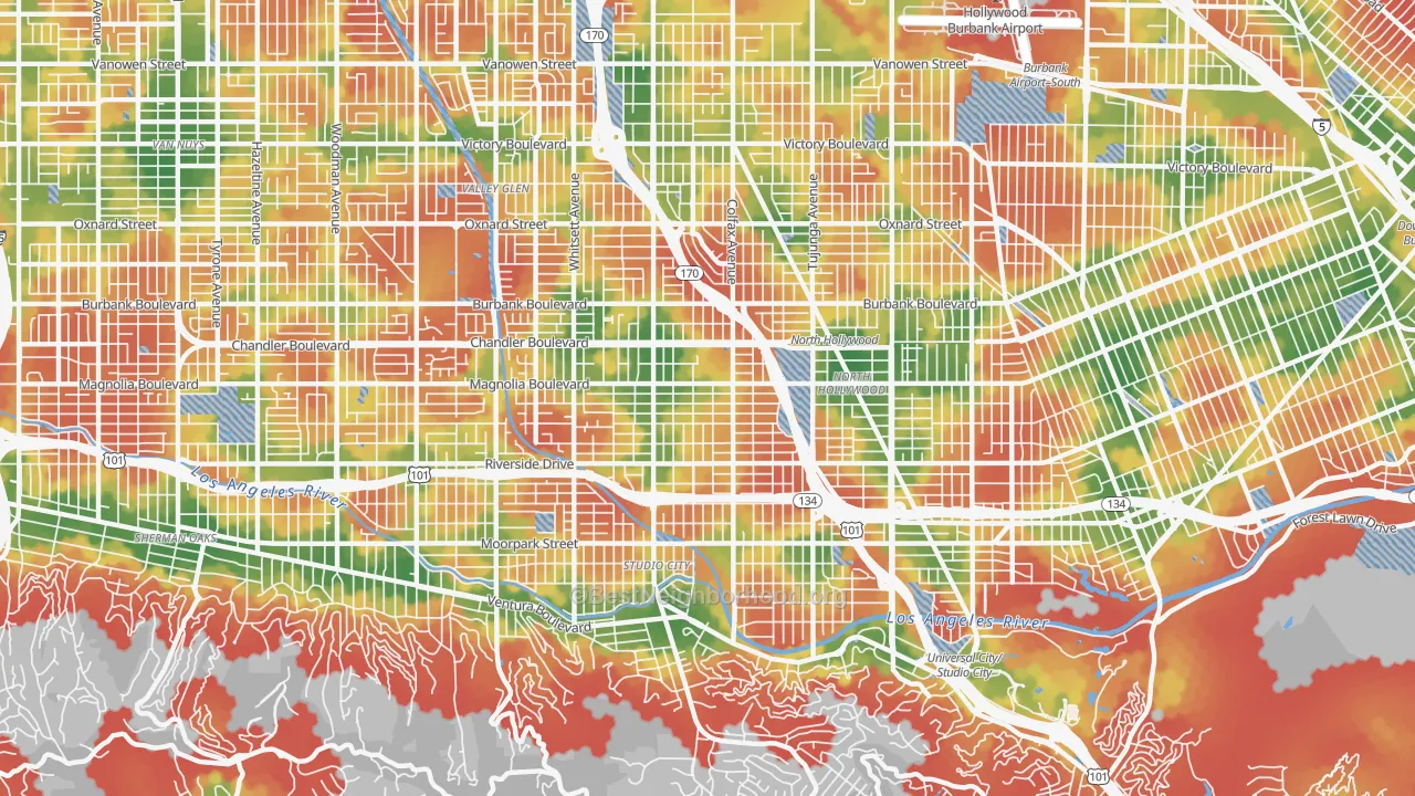 Walk Grade map of Valley Village, CA, walkable areas in green and car-dependent areas in red