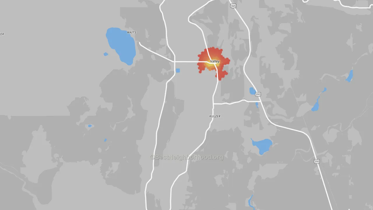 Walk Grade map of Valley, WA, walkable areas in green and car-dependent areas in red