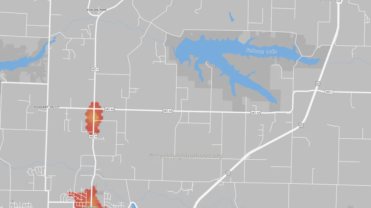 Walk Grade map of Valley Water Mills, MO, walkable areas in green and car-dependent areas in red