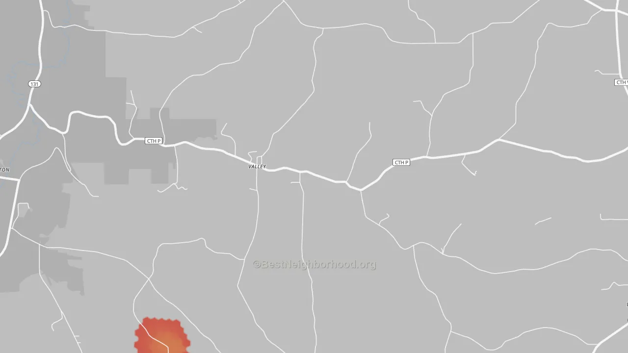 Walk Grade map of Valley, WI, walkable areas in green and car-dependent areas in red