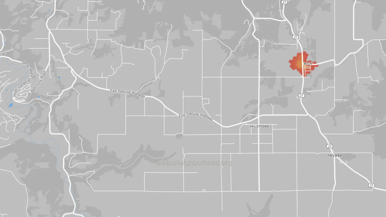 Walk Grade map of Valleyford, WA, walkable areas in green and car-dependent areas in red