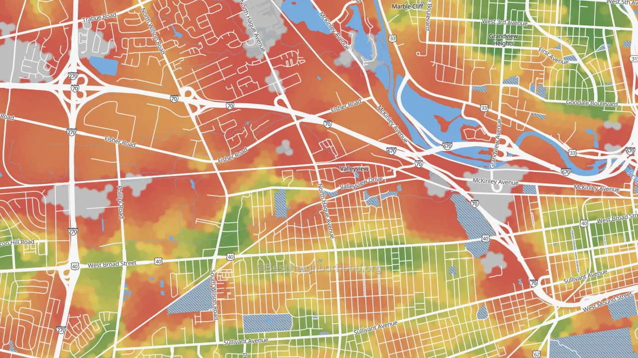 Walk Grade map of Valleyview, OH, walkable areas in green and car-dependent areas in red