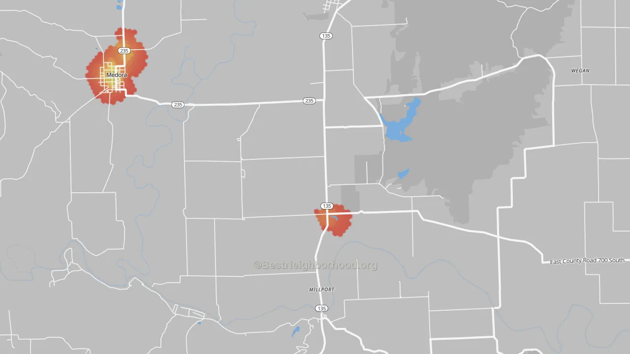 Walk Grade map of Vallonia, IN, walkable areas in green and car-dependent areas in red
