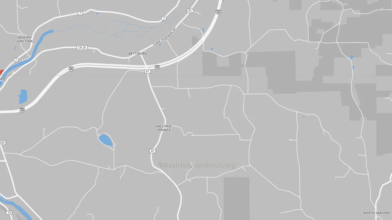 Walk Grade map of Vallonia Springs, NY, walkable areas in green and car-dependent areas in red