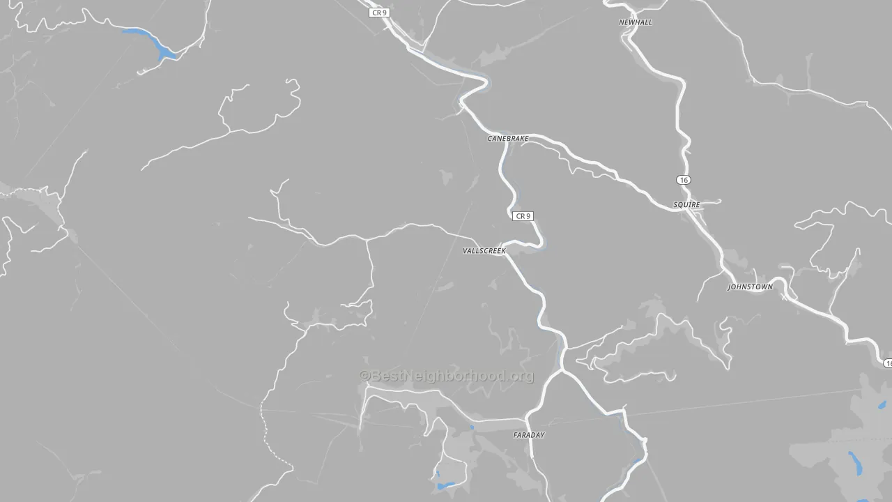 Walk Grade map of Vallscreek, WV, walkable areas in green and car-dependent areas in red