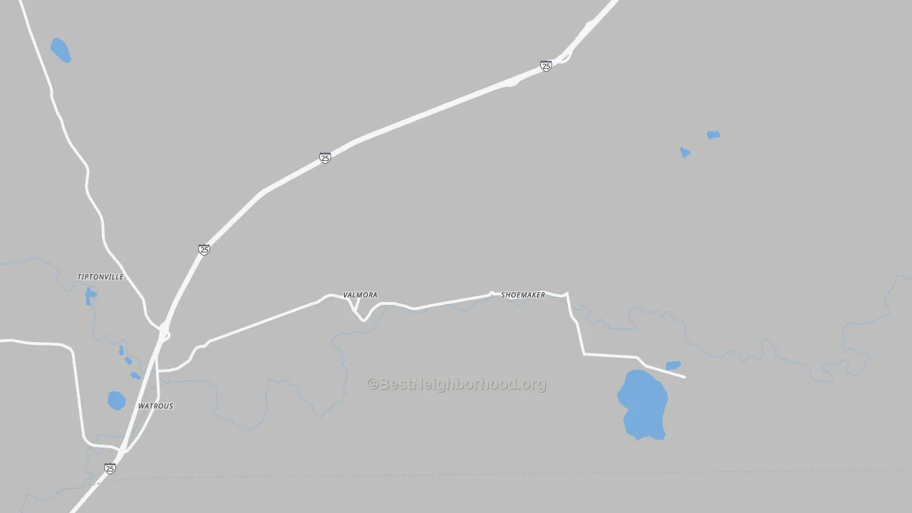 Walk Grade map of Valmora, NM, walkable areas in green and car-dependent areas in red