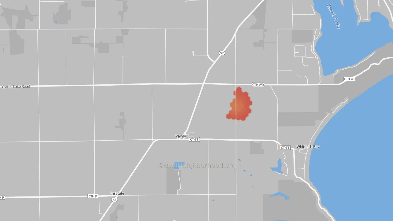 Walk Grade map of Valmy, WI, walkable areas in green and car-dependent areas in red