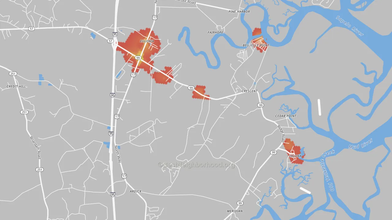 Walk Grade map of Valona, GA, walkable areas in green and car-dependent areas in red