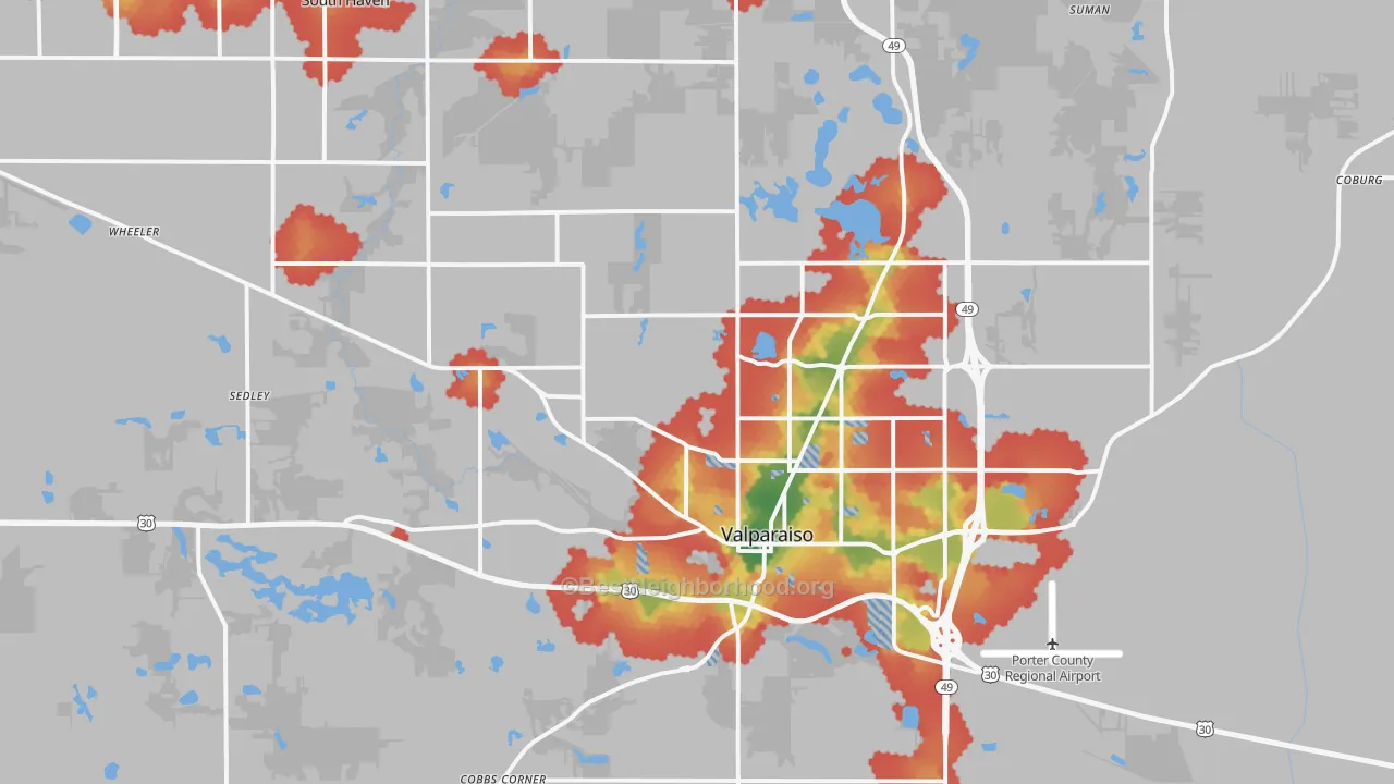 Walk Grade map of Valparaiso, IN, walkable areas in green and car-dependent areas in red