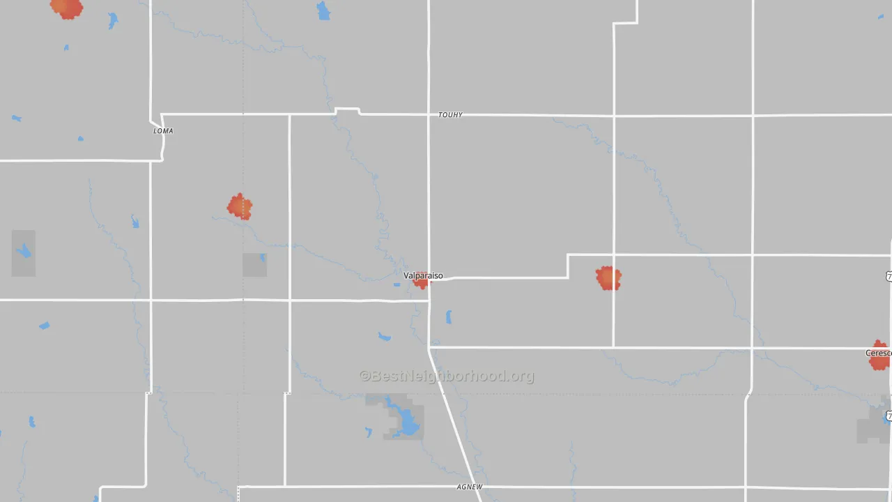 Walk Grade map of Valparaiso, NE, walkable areas in green and car-dependent areas in red