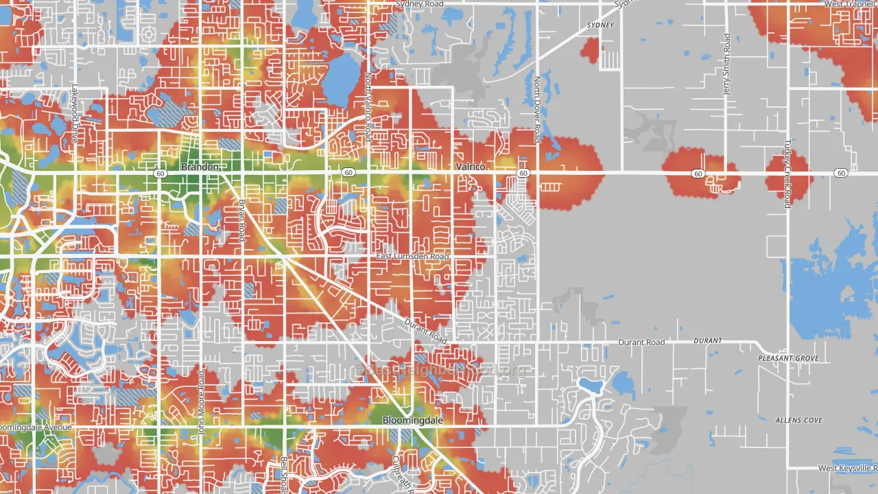 Walk Grade map of Valrico, FL, walkable areas in green and car-dependent areas in red