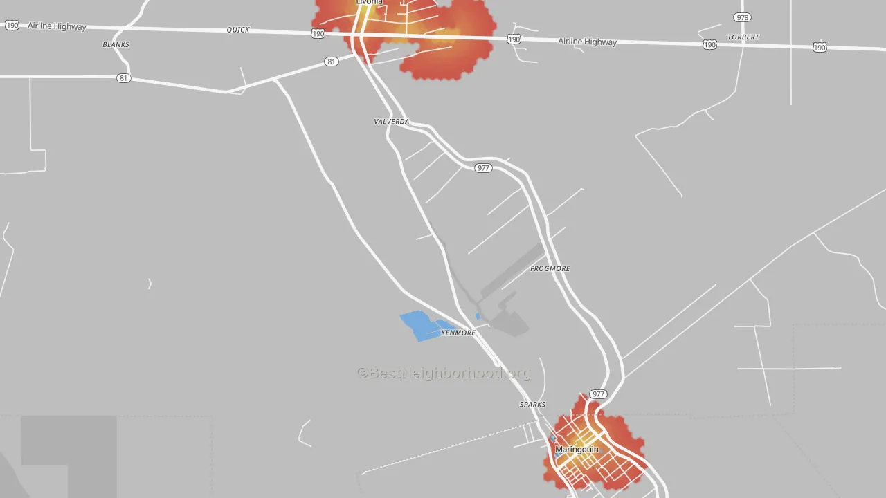 Walk Grade map of Valverda, LA, walkable areas in green and car-dependent areas in red