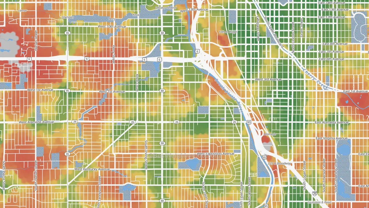 Walk Grade map of Valverde, Denver, CO, walkable areas in green and car-dependent areas in red