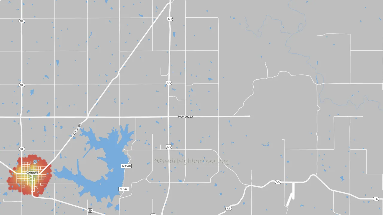 Walk Grade map of Vamoosa, OK, walkable areas in green and car-dependent areas in red