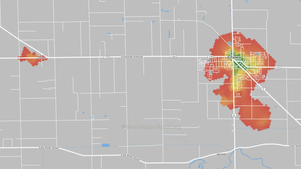 Walk Grade map of Van Allen, CA, walkable areas in green and car-dependent areas in red