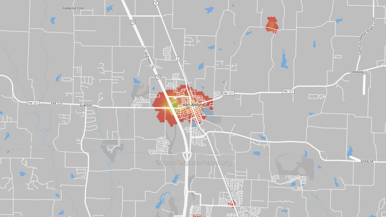 Walk Grade map of Van Alstyne, TX, walkable areas in green and car-dependent areas in red
