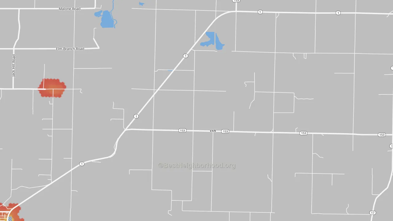 Walk Grade map of Van, AR, walkable areas in green and car-dependent areas in red