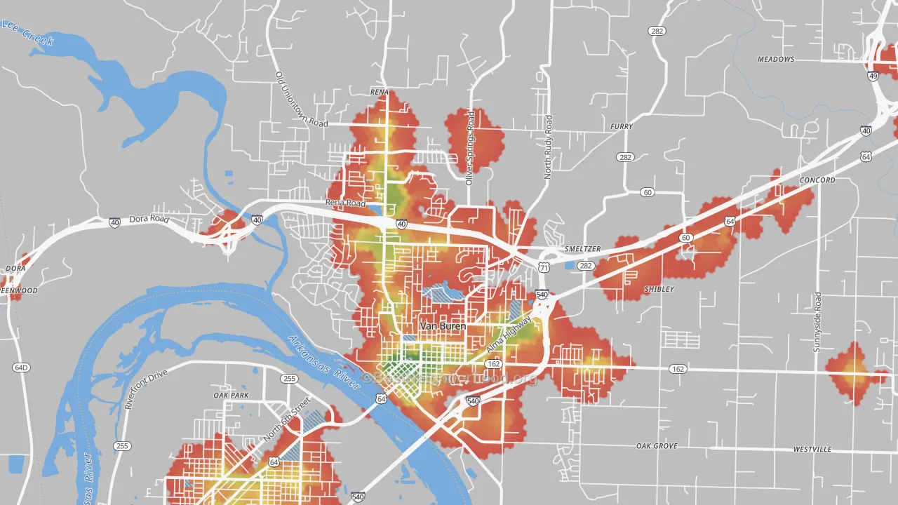 Walk Grade map of Van Buren, AR, walkable areas in green and car-dependent areas in red