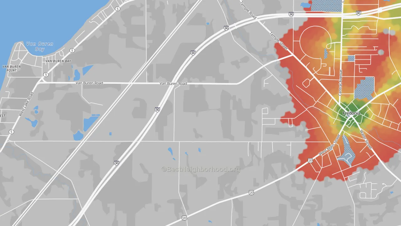 Walk Grade map of Van Buren Bay, NY, walkable areas in green and car-dependent areas in red