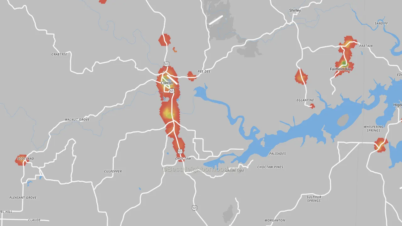 Walk Grade map of Van Buren County, AR, walkable areas in green and car-dependent areas in red