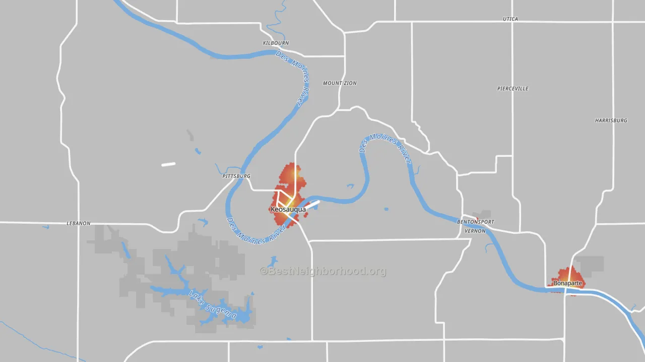 Walk Grade map of Van Buren County, IA, walkable areas in green and car-dependent areas in red