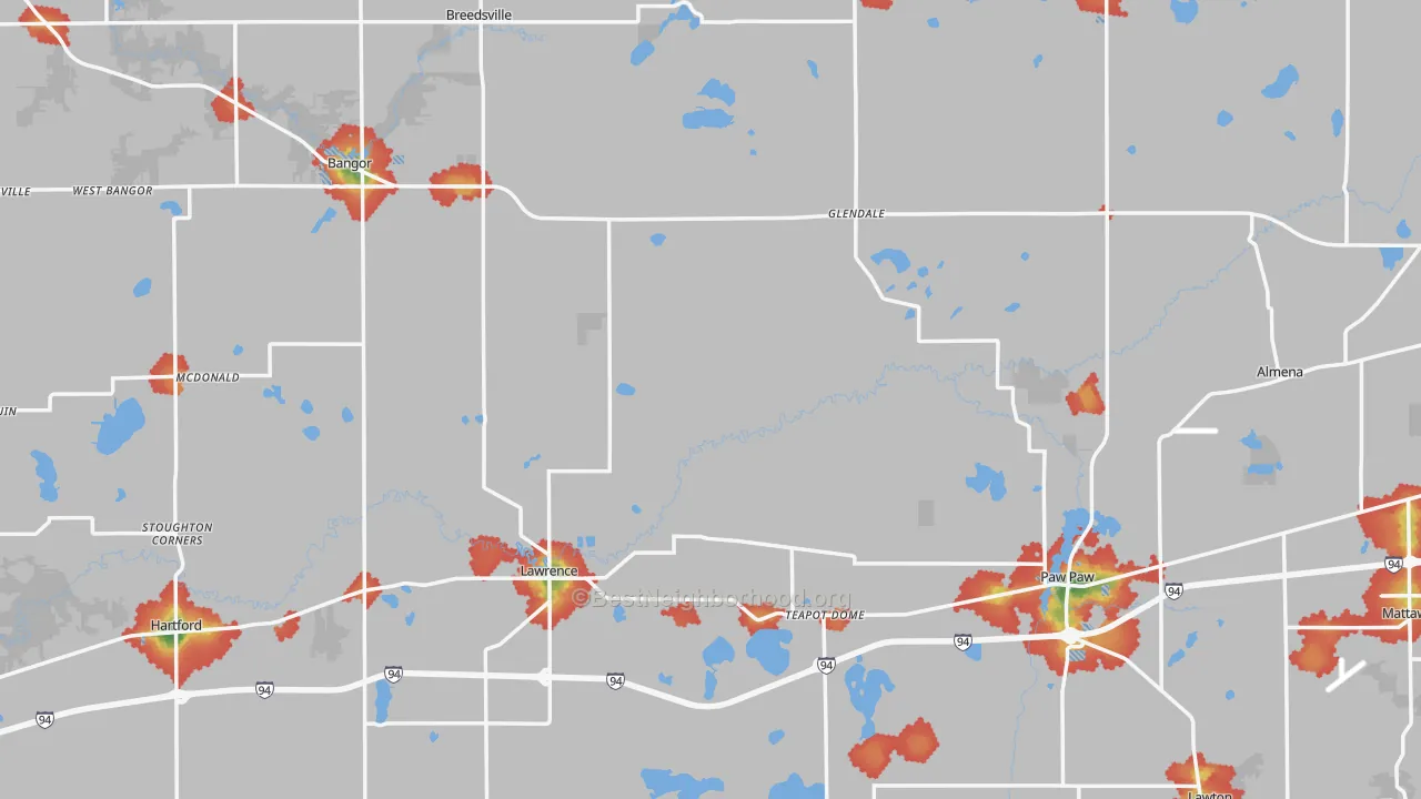 Walk Grade map of Van Buren County, MI, walkable areas in green and car-dependent areas in red