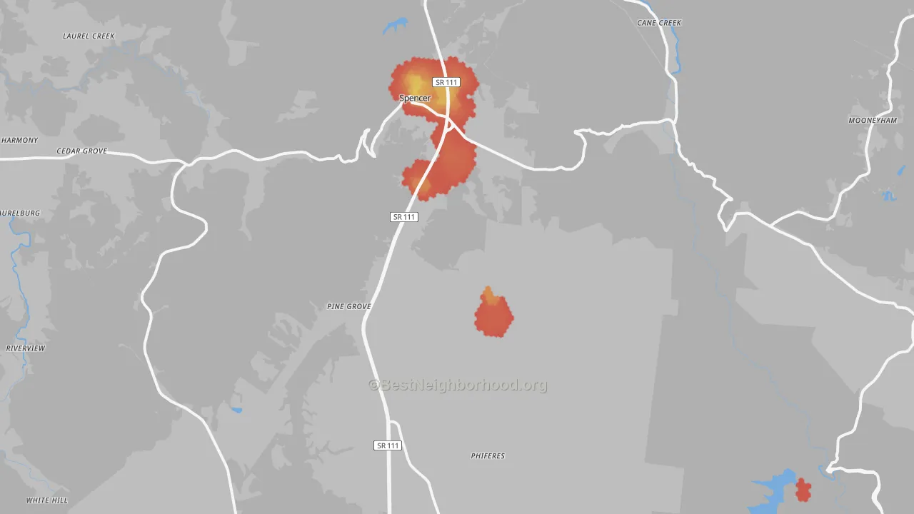 Walk Grade map of Van Buren County, TN, walkable areas in green and car-dependent areas in red