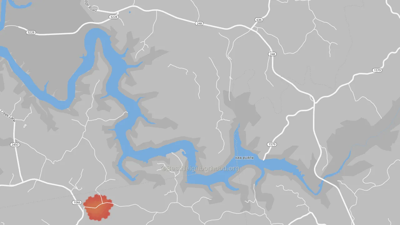Walk Grade map of Van Buren, KY, walkable areas in green and car-dependent areas in red