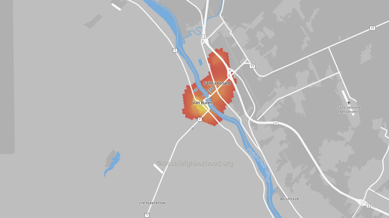 Walk Grade map of Van Buren, ME, walkable areas in green and car-dependent areas in red