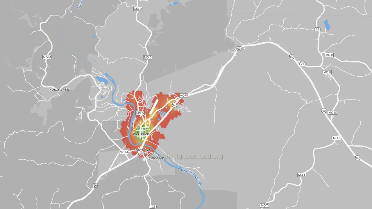 Walk Grade map of Van Buren, MO, walkable areas in green and car-dependent areas in red