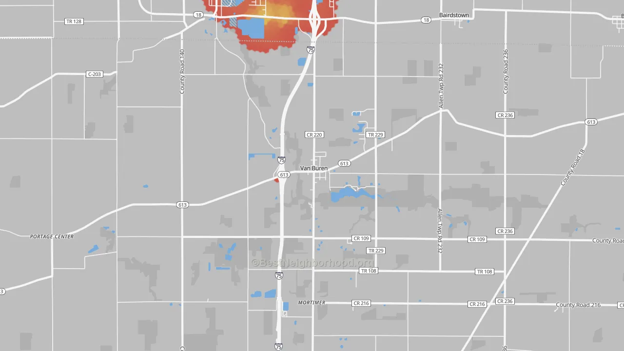Walk Grade map of Van Buren, OH, walkable areas in green and car-dependent areas in red