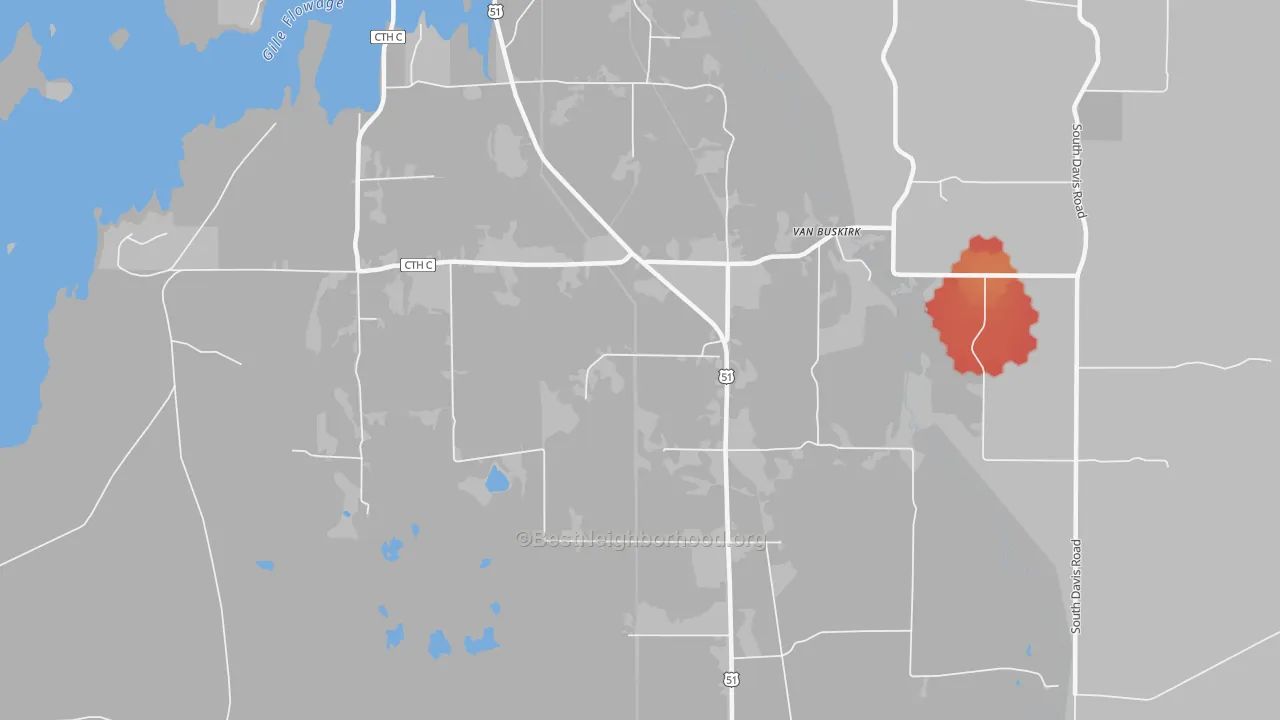 Walk Grade map of Van Buskirk, WI, walkable areas in green and car-dependent areas in red