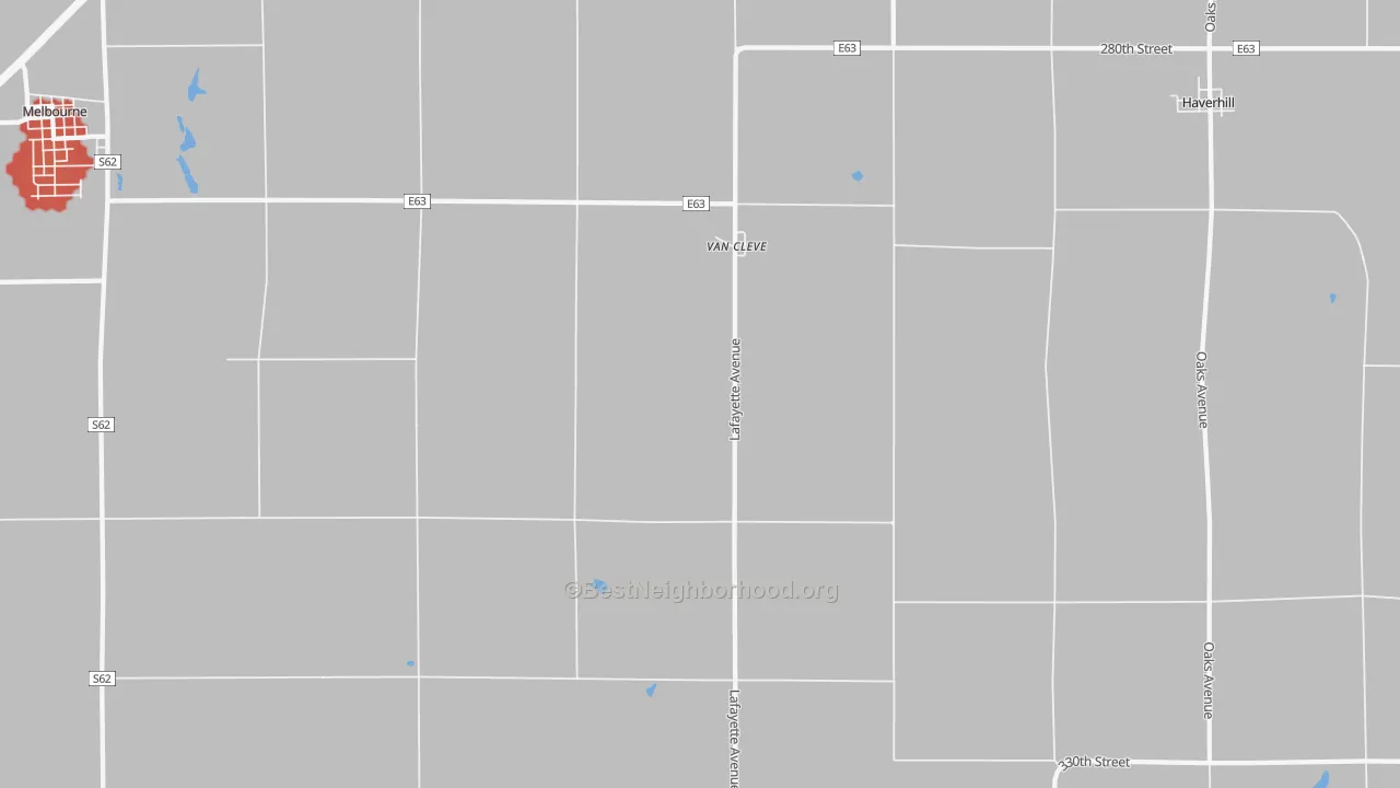 Walk Grade map of Van Cleve, IA, walkable areas in green and car-dependent areas in red