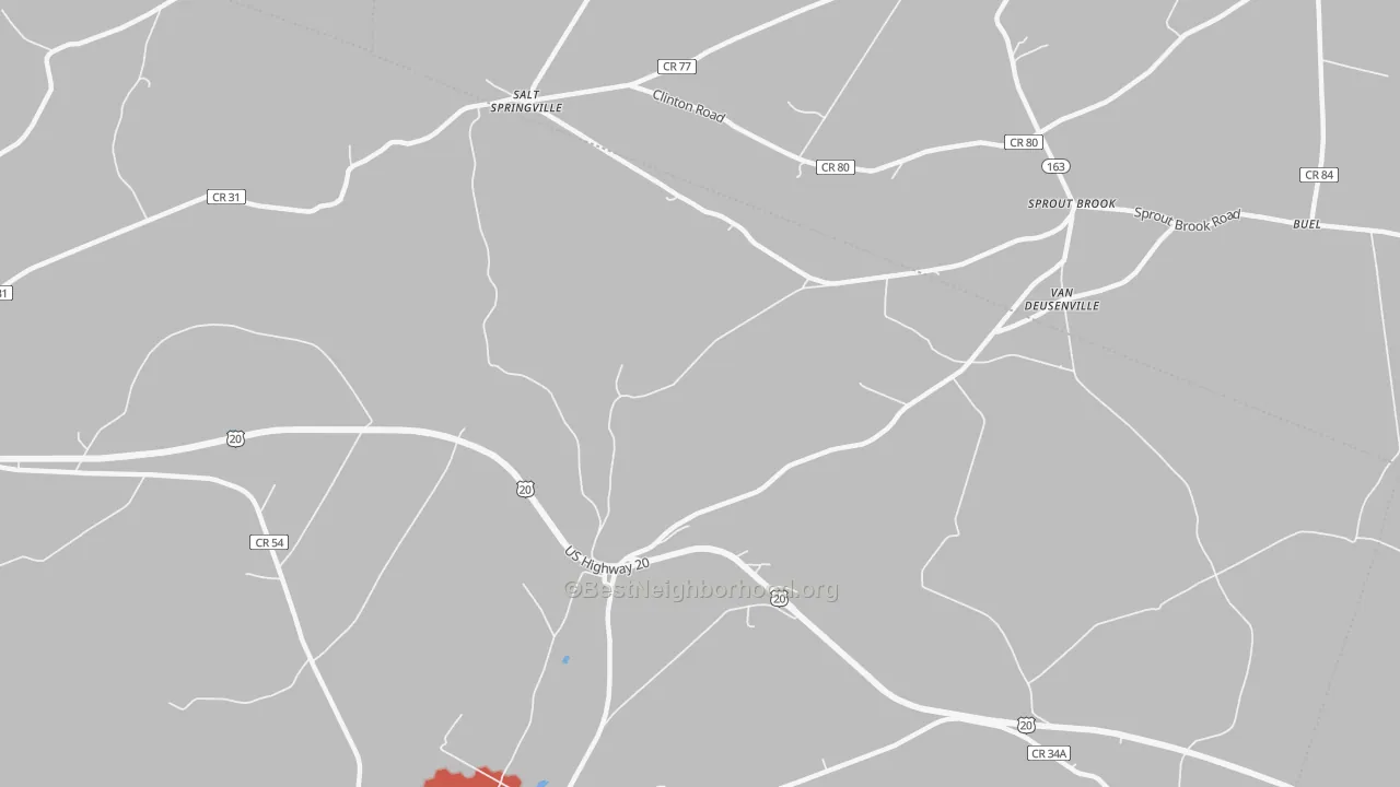 Walk Grade map of Van Deusenville, NY, walkable areas in green and car-dependent areas in red