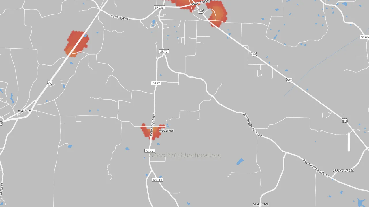 Walk Grade map of Van Dyke, TN, walkable areas in green and car-dependent areas in red