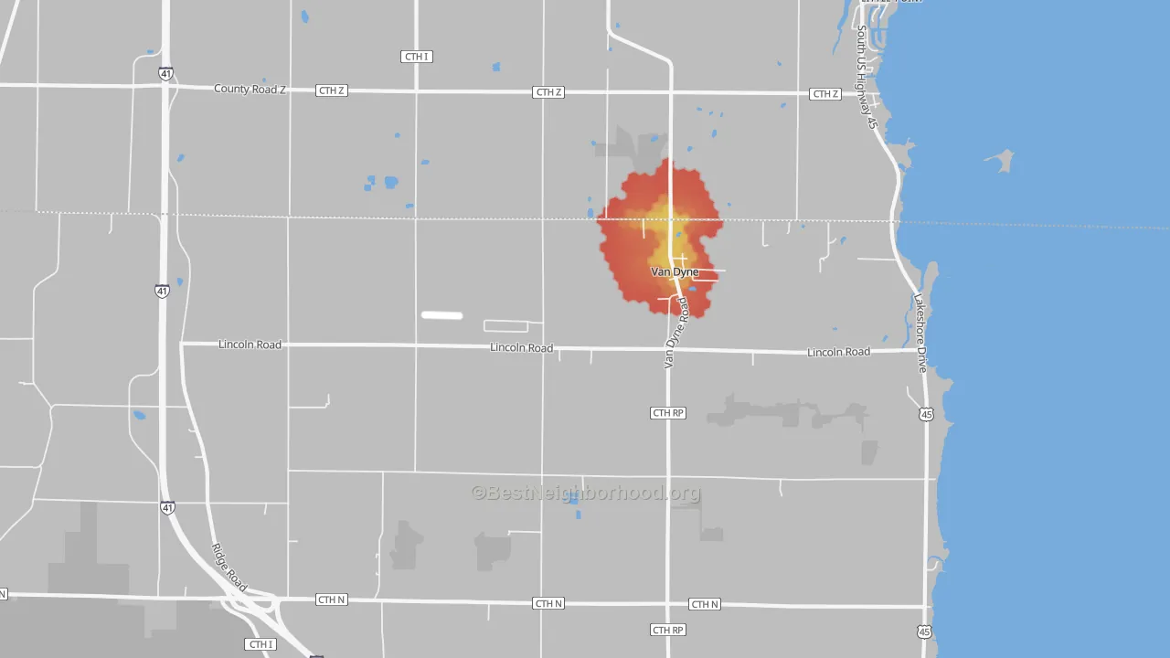 Walk Grade map of Van Dyne, WI, walkable areas in green and car-dependent areas in red