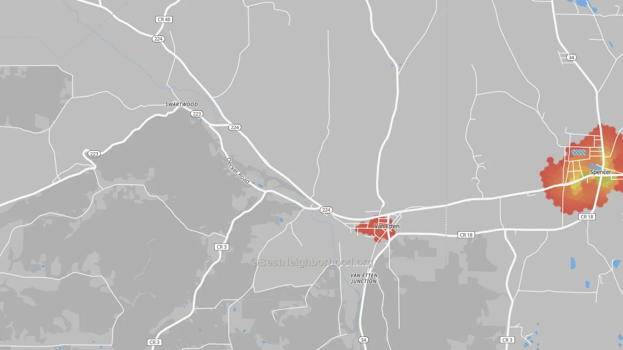 Walk Grade map of Van Etten, NY, walkable areas in green and car-dependent areas in red