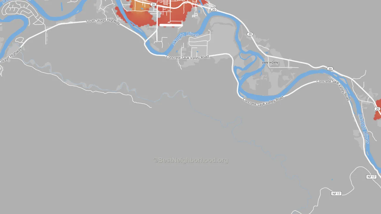 Walk Grade map of Van Horn, WA, walkable areas in green and car-dependent areas in red