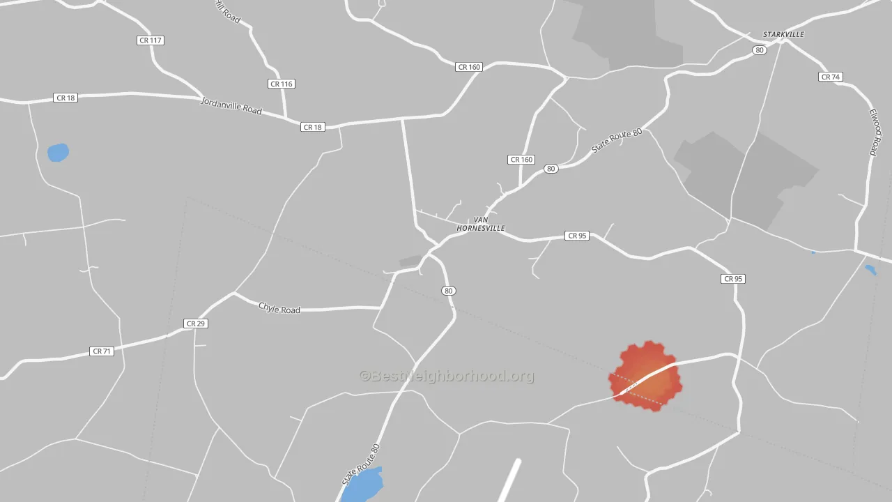 Walk Grade map of Van Hornesville, NY, walkable areas in green and car-dependent areas in red