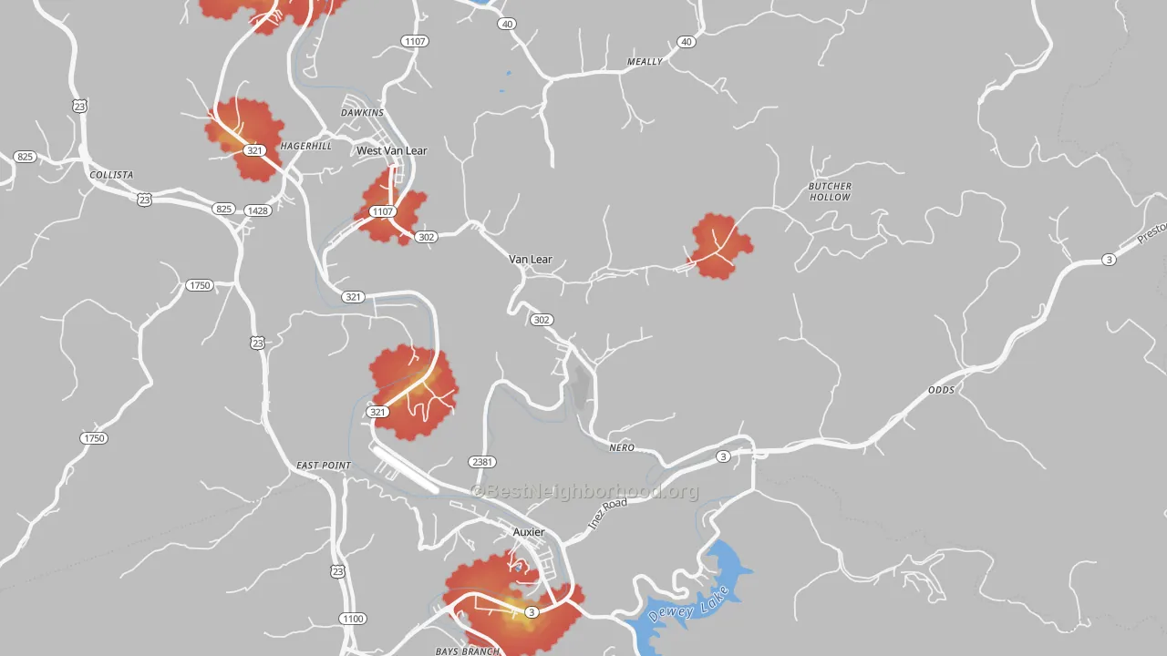 Walk Grade map of Van Lear, KY, walkable areas in green and car-dependent areas in red