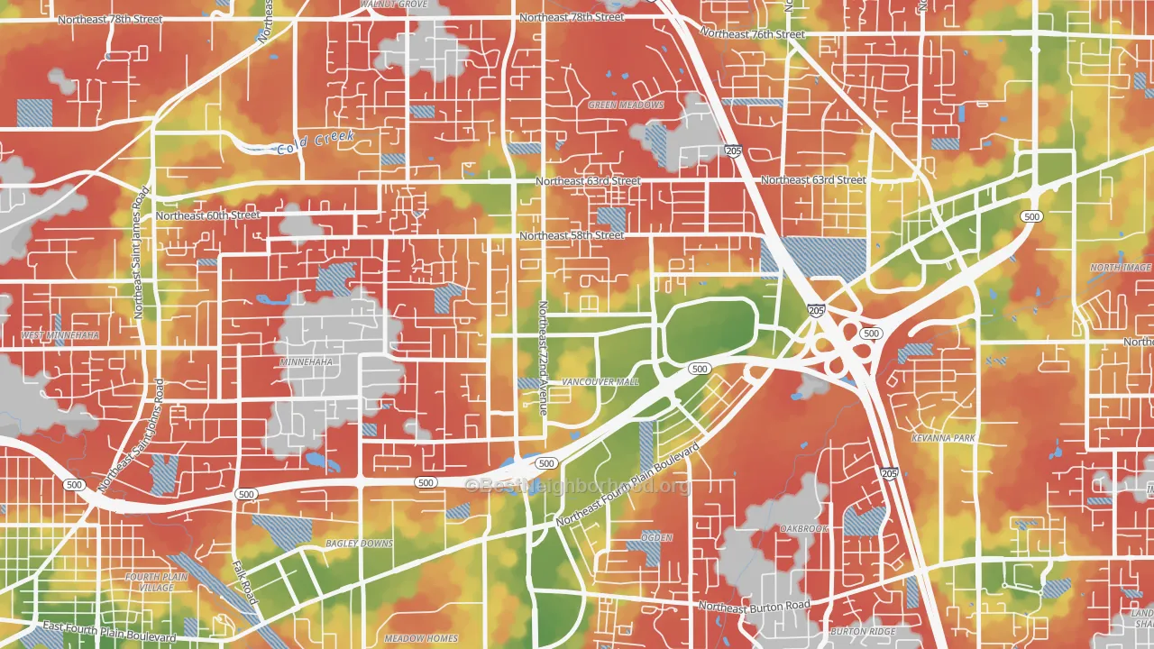 Walk Grade map of Van Mall, Vancouver, WA, walkable areas in green and car-dependent areas in red