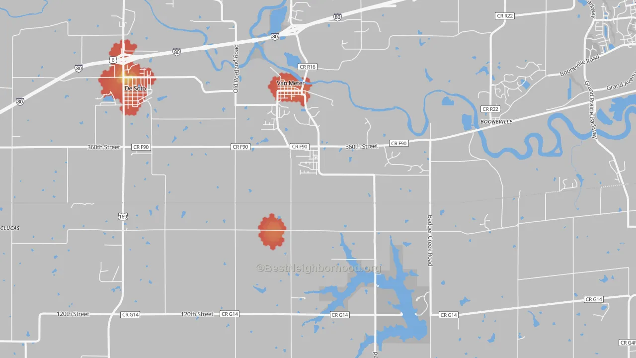Walk Grade map of Van Meter, IA, walkable areas in green and car-dependent areas in red