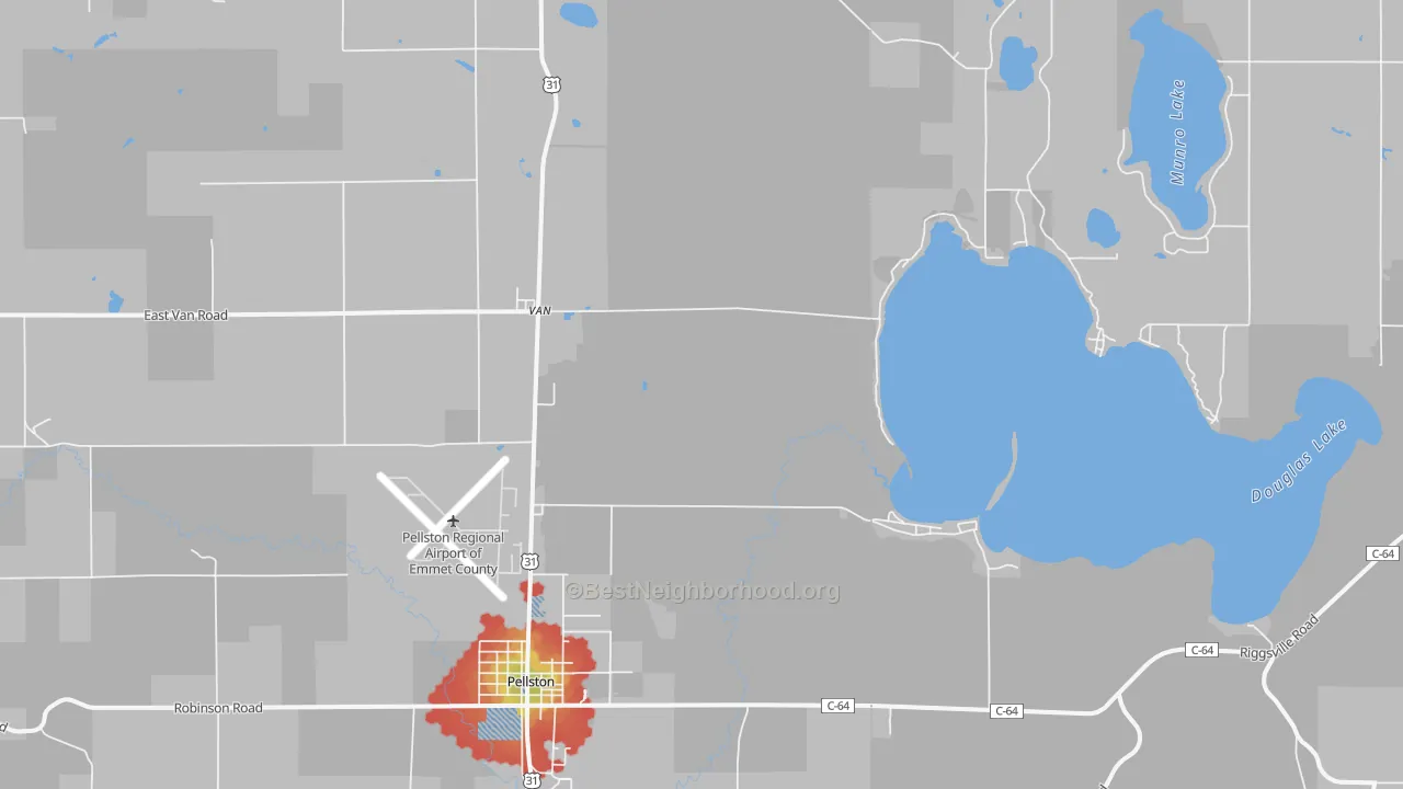 Walk Grade map of Van, MI, walkable areas in green and car-dependent areas in red