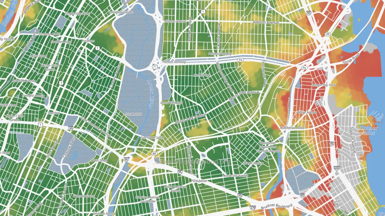 Walk Grade map of Van Nest, Bronx, NY, walkable areas in green and car-dependent areas in red