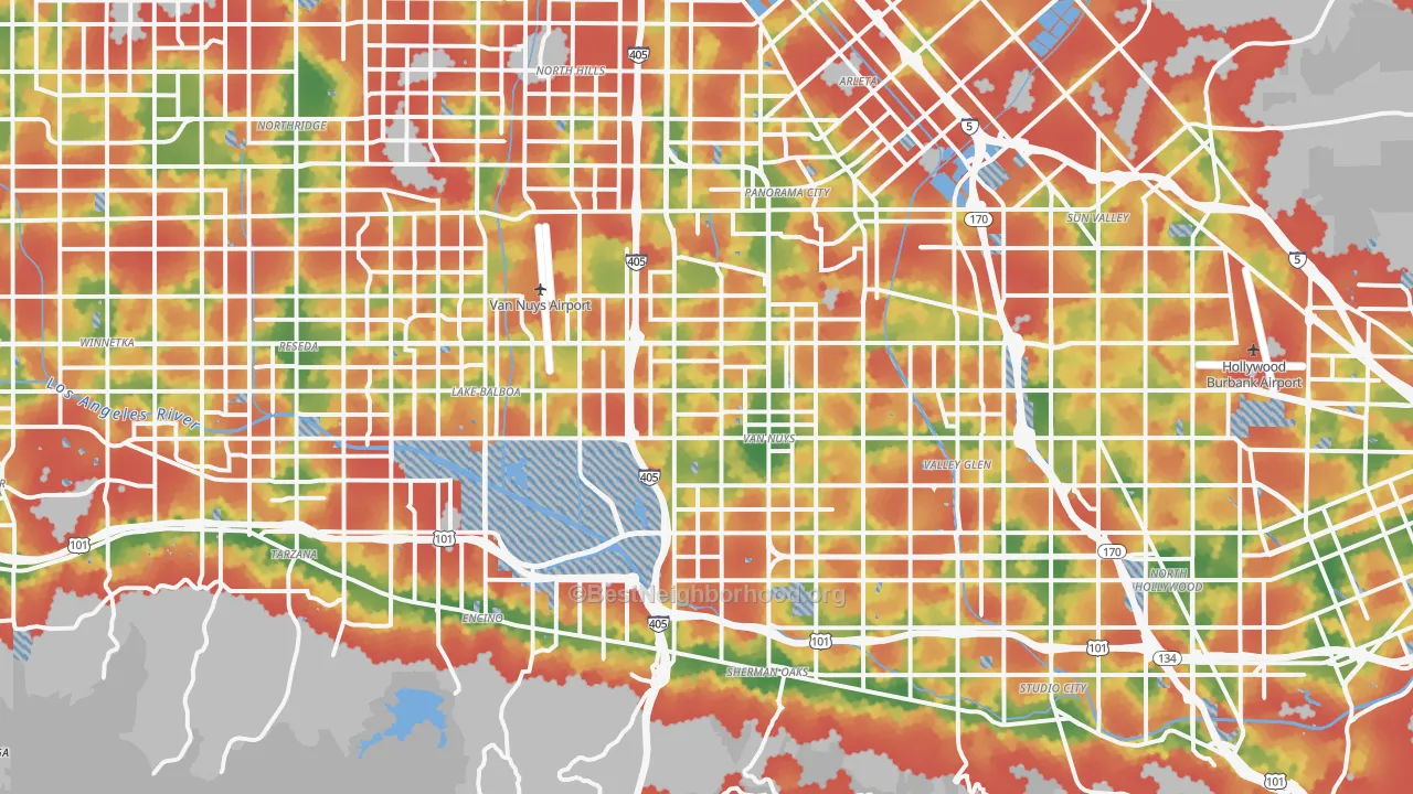 Walk Grade map of Van Nuys, CA, walkable areas in green and car-dependent areas in red