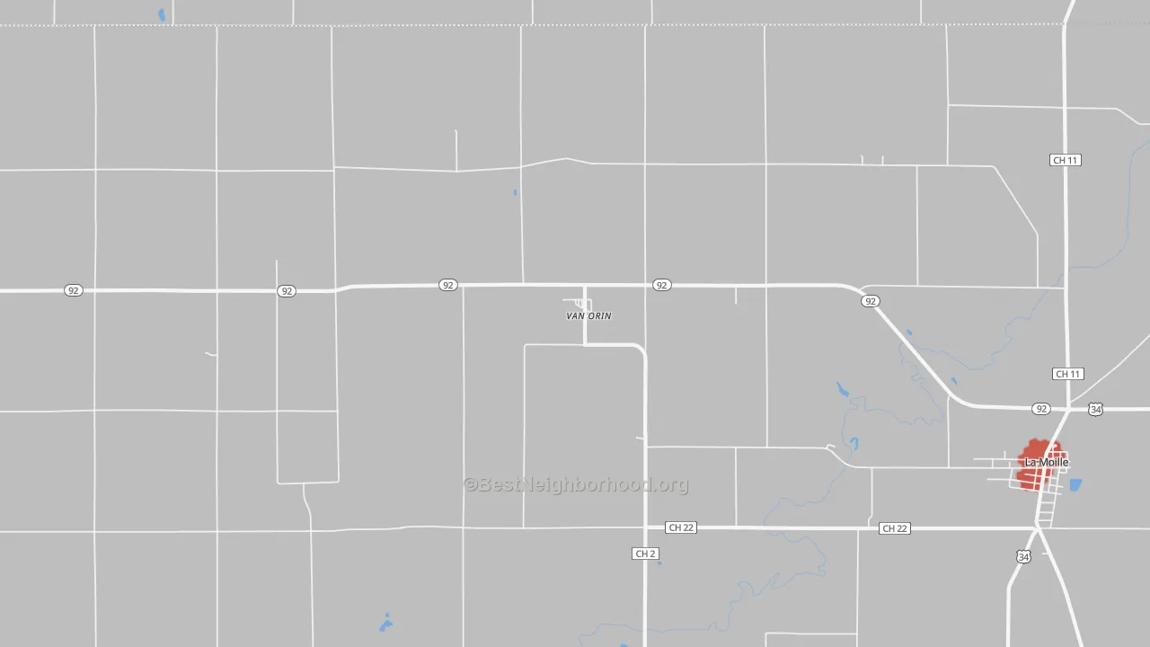 Walk Grade map of Van Orin, IL, walkable areas in green and car-dependent areas in red
