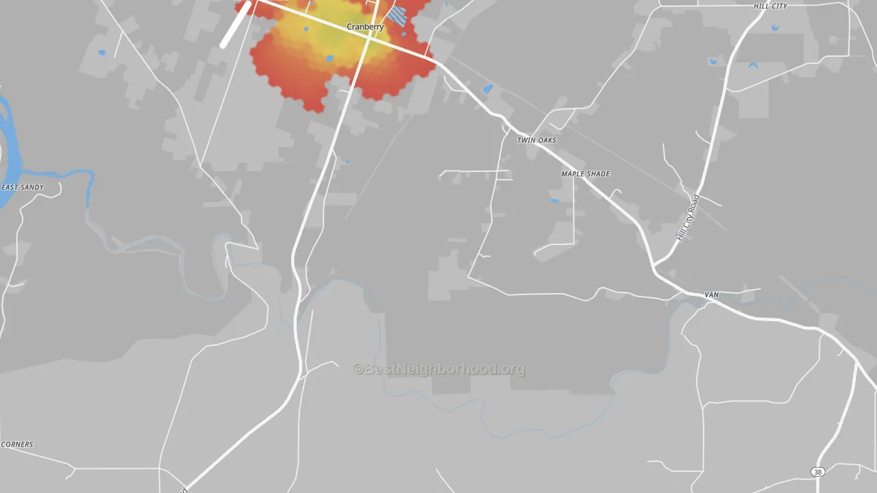 Walk Grade map of Van, PA, walkable areas in green and car-dependent areas in red